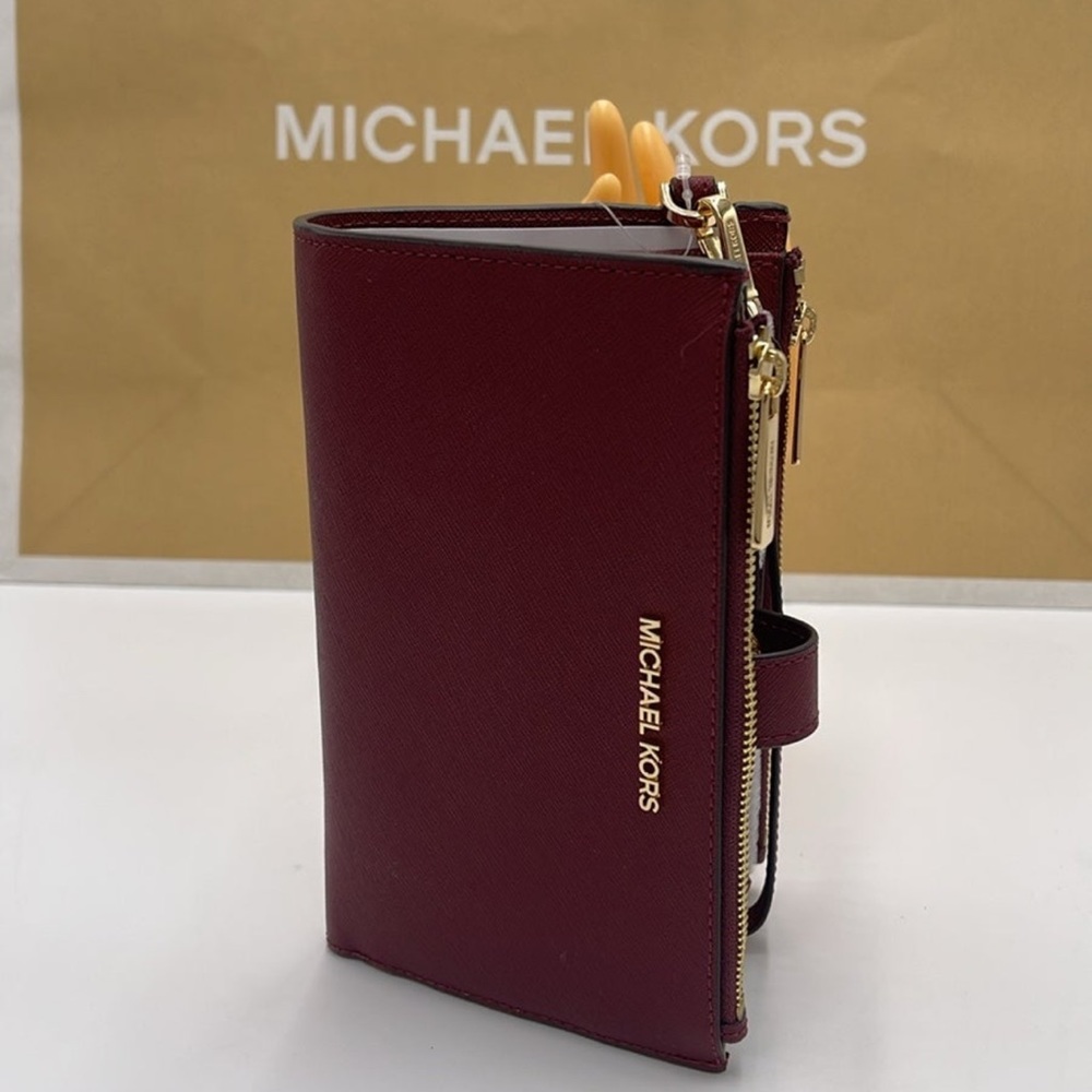 MICHAEL KORS Jet Set Travel LG Double Zip Wristlet Wallet Leather Dark Cherry - Picture 14 of 16